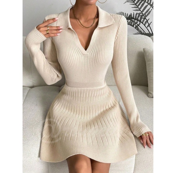 Beige Rib Knit Ruffle Hem V-Neck Mini Dress Collared Long Sleeve Stretchy - Picture 2 of 8
